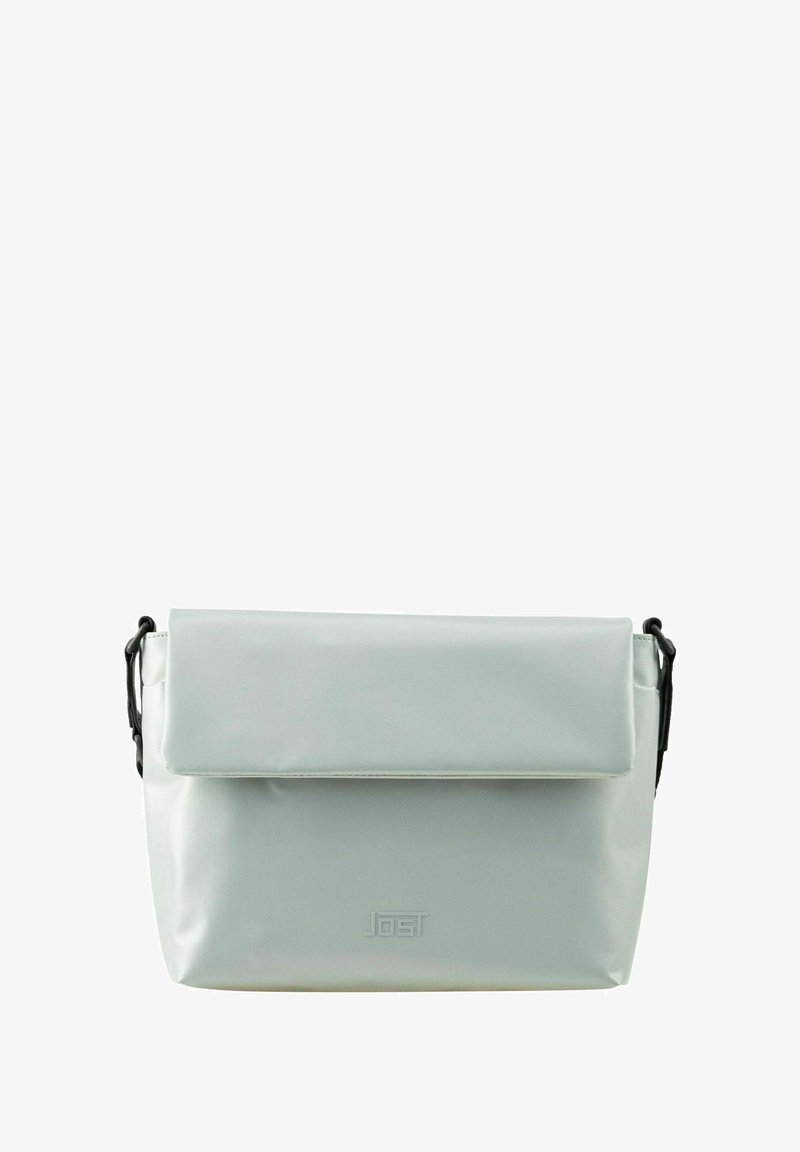 Borsa a tracolla rettangolare grigia chiara con chiusura a pattina e tracolla nera regolabile, logo del marchio impresso sul davanti.