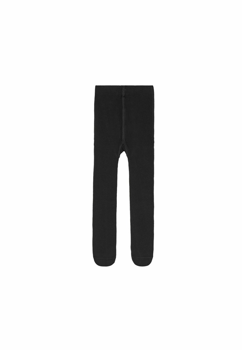 Collants noirs opaques avec une texture lisse et un design ajusté. Comprend un devant sans couture et un renfort au niveau des orteils. Idéal pour le superposition.