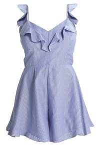 Blåvit randig klänning med volangband och utsvängd kjol. Tillverkad av bomull, med v-ringning och rynkad midja.