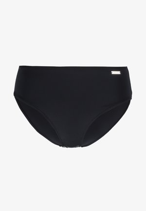 Parte de baixo de bikini preta de cintura alta, feita de tecido suave, com detalhes de costura e um pequeno logotipo metálico na lateral.