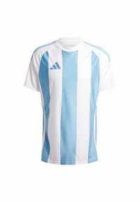 Maillot de soccer pour homme Adidas en rayures bleues et blanches. Présente des manches courtes, un col rond et un tissu texturé. Logo Adidas à l'avant.