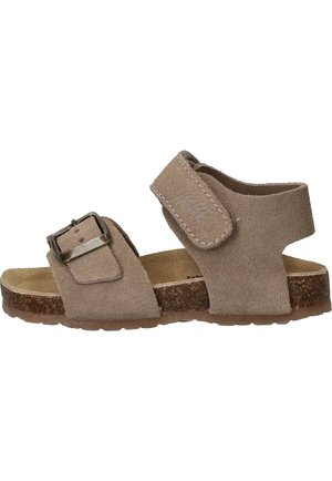 Beige suède open teen sandalen met verstelbare gesp en klittenbandriemen, kurkzool en rubberen buitenzool voor casual gebruik.