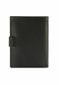 Czarny portfel ze skóry o gładkiej fakturze, prostokątnym kształcie i zapięciu na zatrzask z boku. Wykończenie obejmuje subtelne przeszycia.
