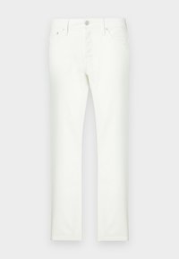 Λευκά τζιν παντελόνια με ευθεία γραμμή, σχεδιασμό με πέντε τσέπες και μπροστινό φερμουάρ. Διαθέτουν ασημένιες μεταλλικές λεπτομέρειες και λεία υφή.