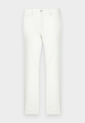 Hvide denimbukser med lige ben, femlommersdesign og lynlåslukning foran. Har hardware i sølvfarve og en glat tekstur.