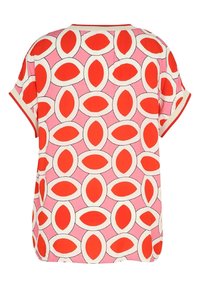 Kortærmet top med rund halsudskæring, der har et bladmønster i røde, lyserøde og cremefarvede nuancer på en letvægtsstof. Indeholder en ensfarvet kant.