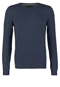 Pull à col rond bleu marine à manches longues avec poignets et ourlet côtelés, fabriqué en tissu tricoté doux.