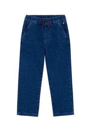 Pantalon en denim bleu foncé avec ceinture élastique et cordon de serrage bleu marine, deux poches latérales et coupe droite.