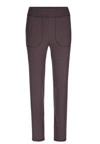 Donkergrijze, slim-fit broek met een gladde textuur, voorzien van twee voorzakken en contrasterende stiksels langs de naden. Elastische tailleband.