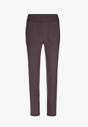 Dark gray, slim-fit pants with a smooth texture, featuring two front pockets and contrasting stitching along the seams. Elastic waistband.