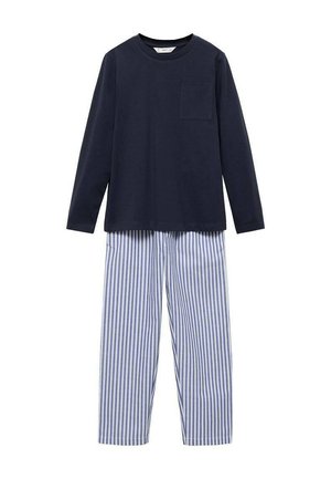 T-shirt à manches longues bleu marine avec une poche poitrine associé à un pantalon de pyjama rayé bleu et blanc, fabriqué en tissu coton doux.