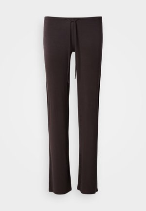 Pantalon noir léger à coupe droite, taille à cordon de serrage et texture lisse ; conçu pour le confort et la liberté de mouvement.