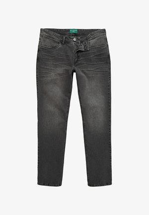 Schwarze Denim-Jeans mit geradem Schnitt, Fünf-Taschen-Design, verblasster Textur und Knopfverschluss. Das Etikett am Bund trägt die Aufschrift "BOSTON PARIS."