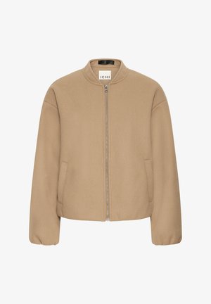 Beige bomberjakke lavet af blødt stof, med lynlås foran, rund krave, sidelommer og let samlet ærmer.