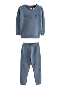 Blaues Sweatshirt aus Baumwolle mit erhabenem "BAKER"-Schriftzug, kombiniert mit passenden Jogginghosen mit strukturierten Seitenpaneelen und elastischem Bund.