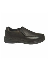 Zapatos negros tipo slip-on hechos de cuero suave, con punta redondeada y costuras mínimas, y suela acolchada para mayor comodidad.