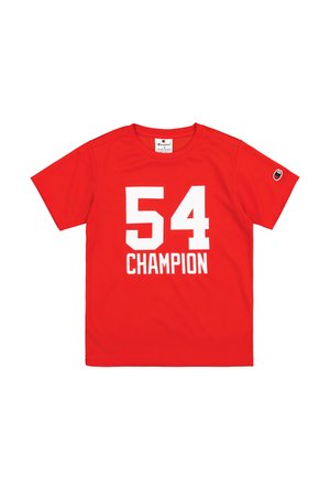 T-shirt rossa a maniche corte con grande stampa bianca "54" e "CHAMPION". Realizzata in tessuto traspirante, con un logo sulla manica sinistra.