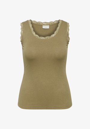 Top fără mâneci, verde măsliniu, cu dungi rib, brodat cu dantelă la decolteu și pe marginea brațelor, siluetă ajustată.