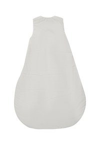 Weißer ärmelloser Schlafsack mit abgerundetem Boden. Sanfte Stofftexture, die ein einfaches Design ohne Muster oder Verzierungen aufweist.