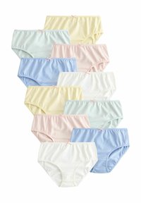 Confezione da 10 mutandine di cotone in colori pastello: giallo, rosa, blu, verde e bianco. Ognuna ha un dettaglio a fiocco rosa in vita.