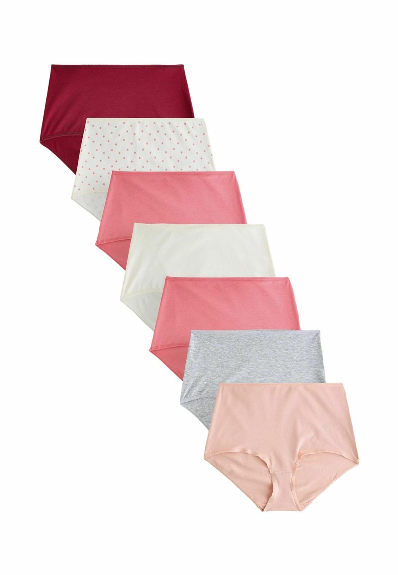 Sept culottes taille haute pour femmes en couleurs unies bordeaux, à pois blancs, corail, crème, corail, gris et rose clair, disposées en rangée.