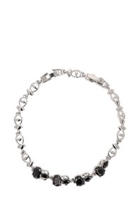 Hopeaketju, jossa on pyöreitä mustia akryylikiviä ja akaatti-yrityslinkkejä. Sulkee helposti kierrekannalla.