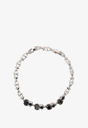 Ezüst karkötő, kerek, csiszolt fekete kövekkel, sima ovális láncszemekkel váltakozva, kapoccsal záródik.