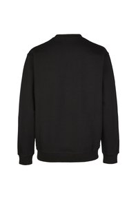 Schwarzer Rundhalsausschnitt-Pullover aus weichem Stoff, mit entspanntem Schnitt, gerippten Bündchen und Saum. Glatte Textur, minimalistisches Design, keine sichtbaren Details.