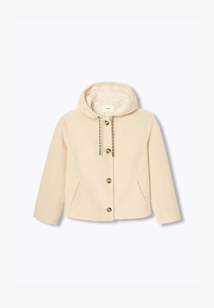 Veste en laine beige à capuche avec boutons sur le devant, cordon de serrage à la capuche et poches latérales en biais, présentée sur un fond blanc.