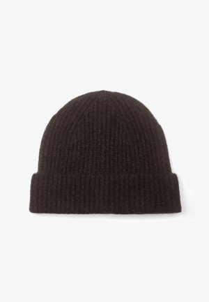 Cappello beanie lavorato a maglia in marrone scuro, caratterizzato da una trama a coste e un risvolto per maggior calore e stile.
