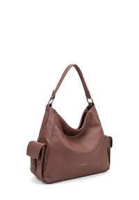 Borsa hobò in pelle marrone con superficie testurizzata, una sola tracolla e due tasche laterali. Design elegante con branding sottile sul davanti.