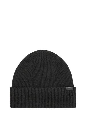Czarna dziana czapka beanie z prążkowaną teksturą i złożonym mankietem. Posiada małą metkę z logo po boku. Materiał wydaje się ciepły i elastyczny.