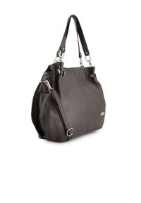 Ciemnobrązowa skórzana torebka o teksturowanym wykończeniu, z podwójnymi uchwytami, odpinanym paskiem na ramię oraz srebrnymi akcentami metalowymi.