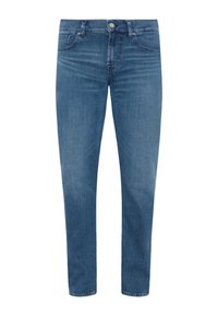 Jeans in denim azzurro chiaro con vestibilità slim, design a cinque tasche, chiusura con bottone e leggere sfumature. Gamba dritta con leggero elasticità.