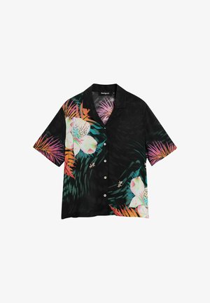 Zwart overhemd met korte mouwen en knopen, voorzien van kleurrijke tropische bloemen- en bladpatronen op de voorkant en mouwen.