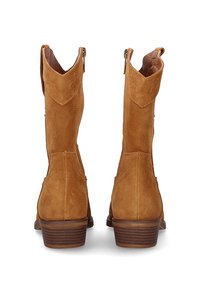 Botas de tobillo de ante marrón con una textura ligeramente desgastada, que cuentan con un tacón bajo apilado, costuras decorativas y detalles de cremallera lateral.