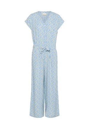 Jumpsuit mit Blumenmuster aus leicht blauem Stoff, ausgestattet mit kurzen Ärmeln, einem V-Ausschnitt und einer gebundenen Taille mit weiten, fließenden Beinen.