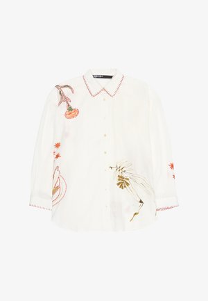 Biała koszula z długim rękawem zapinana na guziki, z czerwonym przeszyciem na kołnierzu i mankietach, ozdobiona kwiatowym i abstrakcyjnym haftem na przodzie i rękawach.