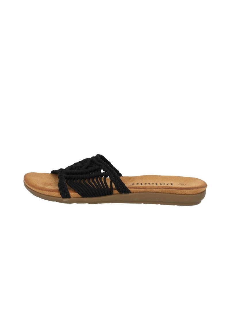 Svart flätad slidesandal med ett texturerat rem och en mjuk fotbädd i naturlig färg. Flexibel i beige yttersula för komfort och grepp.