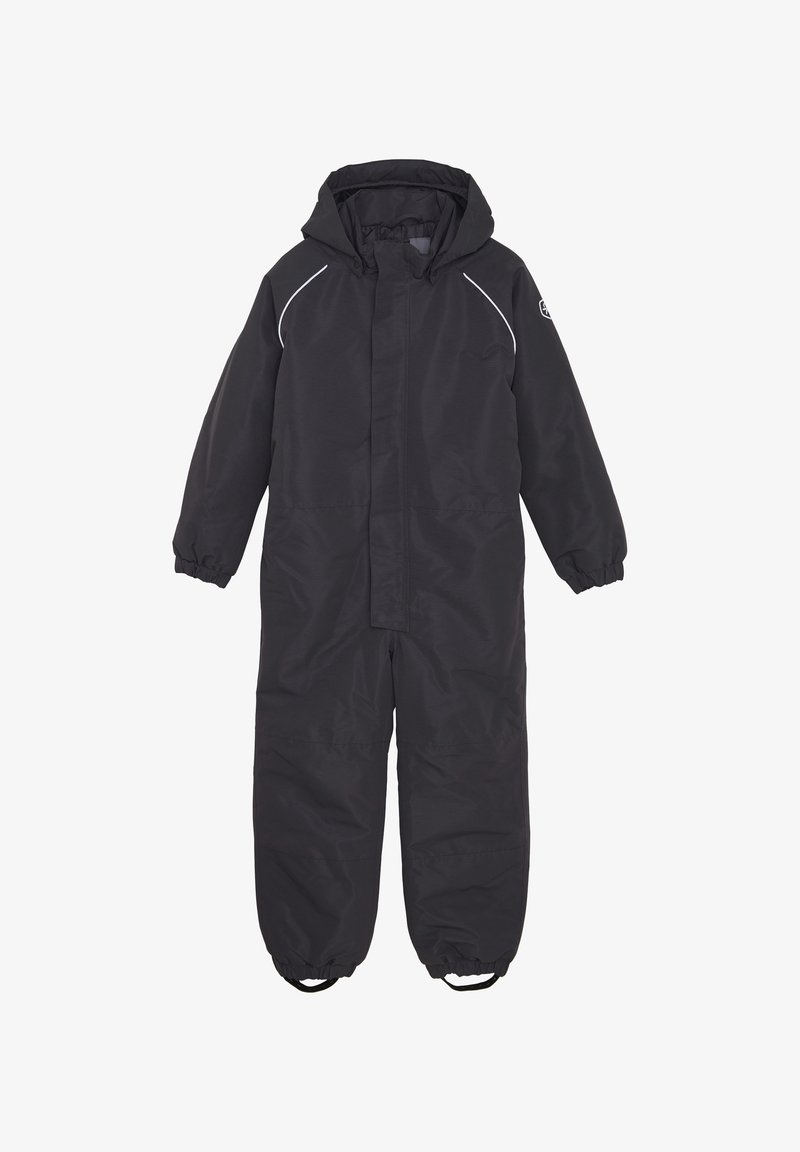 Crna, izolirana jednopiece zimska odijela s kapuljačom, elastičnim manžetama i reflektirajućim trakama duž šavova za bolju vidljivost. Glatka, izdržljiva tkanina.