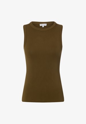 Olive green sleeveless tank top with a high round neckline, ribbed texture, and a fitted silhouette. Made from stretch fabric.
