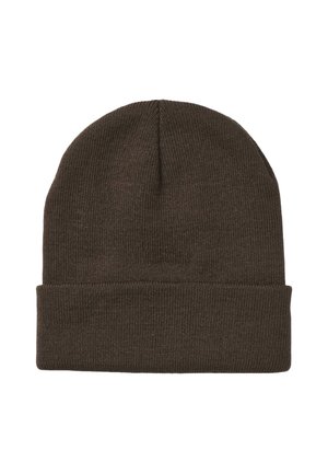 Berretto in maglia marrone con una consistenza morbida, caratterizzato da un orlo piegato sul fondo e un design semplice senza decorazioni aggiuntive.
