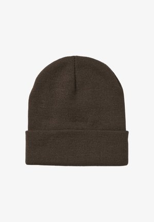 Berretto in maglia marrone con una consistenza morbida, caratterizzato da un orlo piegato sul fondo e un design semplice senza decorazioni aggiuntive.