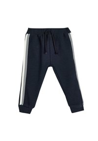 Marineblå joggingbukser med ribbestruktur, elastisk talje, sort snøre og kontrasterende hvide sidestriber. Gennemknappede ankler for et tætsiddende udseende.