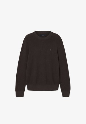 Maglione a girocollo in maglia di colore marrone scuro, con maniche lunghe, polsini e orlo a coste, e un logo discreto sul lato sinistro del petto.