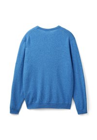 Jednolity niebieski sweter z długim rękawem i okrągłym dekoltem, z prążkowanymi mankietami i dolnym wykończeniem, zaprezentowany z tyłu na białym tle.