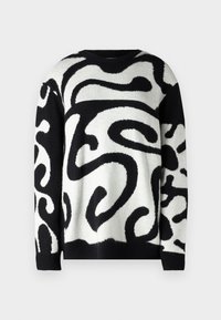Pull noir et blanc avec un motif tourbillonnant audacieux, fabriqué en tissu doux avec un col rond et des manches longues. Fini texturé.