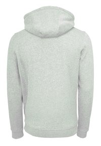 Grå hettegenser med myk tekstur, sett fra bak, lange ermer og kengurulomme foran.