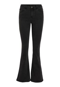 Jeans de campana negros fabricados en denim, con una cintura alta, diseño de cinco bolsillos y cierre de botón metálico con detalles de costura decorativa.