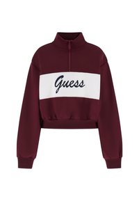 Felpa corta bordeaux con colletto alto, caratterizzata da un bordo bianco con il logo "Guess" in blu navy, e vita e polsini elasticizzati.
